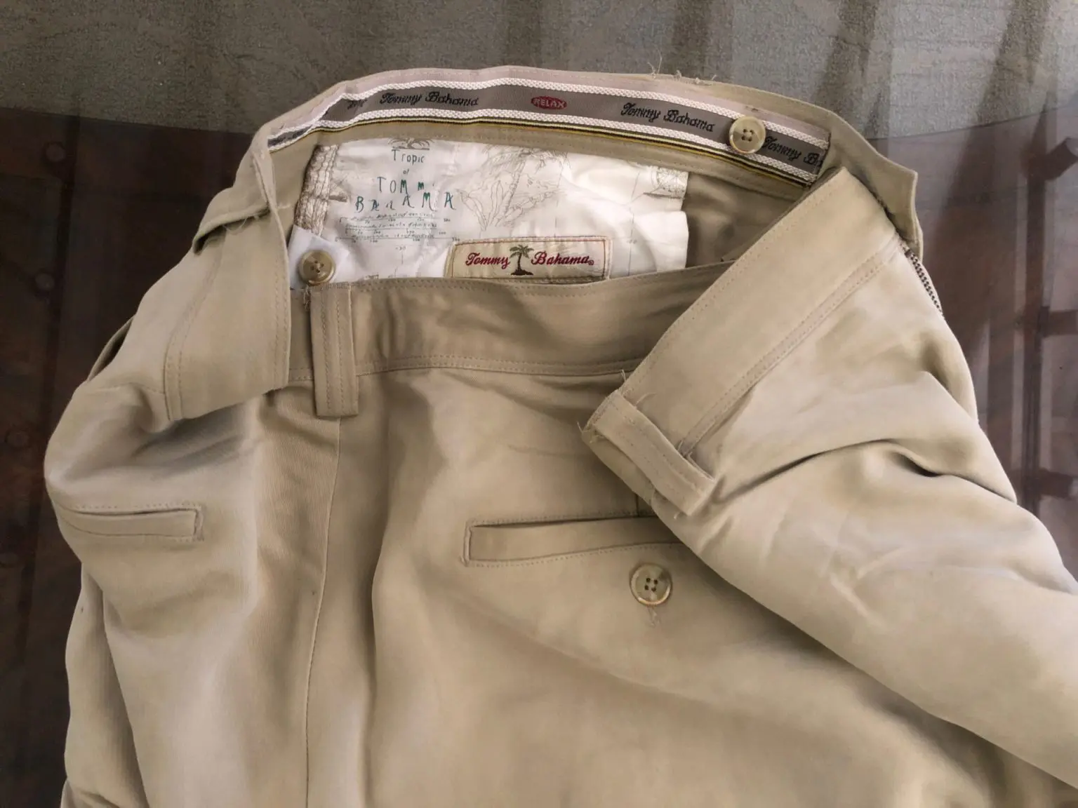 A close up of inner pants where the tag Tommy Bahamas can be seen