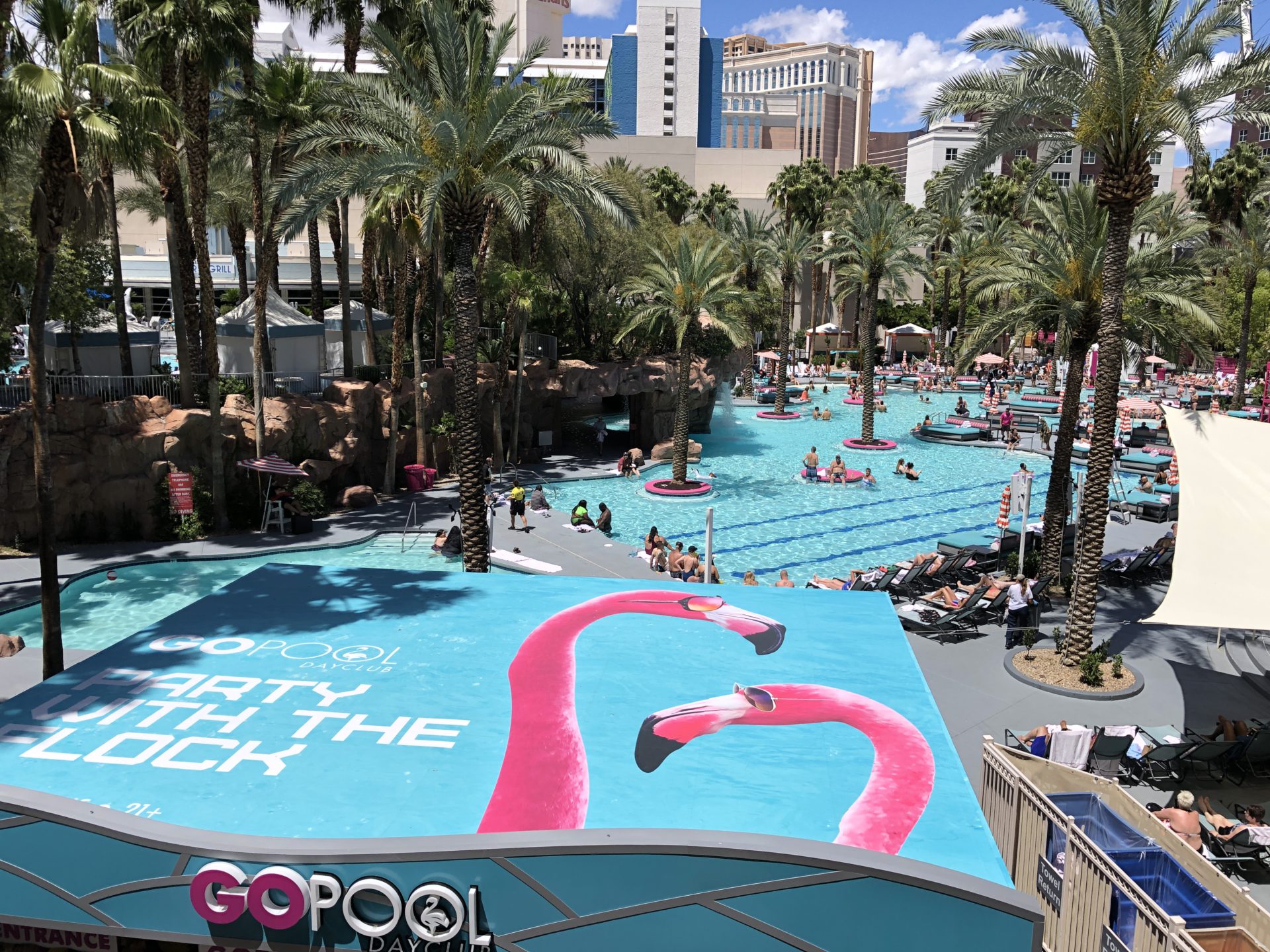 A waterpark with the sign saying Go Pool and the top of the building saying Party with the Flock where in the background you see visitor relaxing on floaties and enjoying their water activities in the pool.