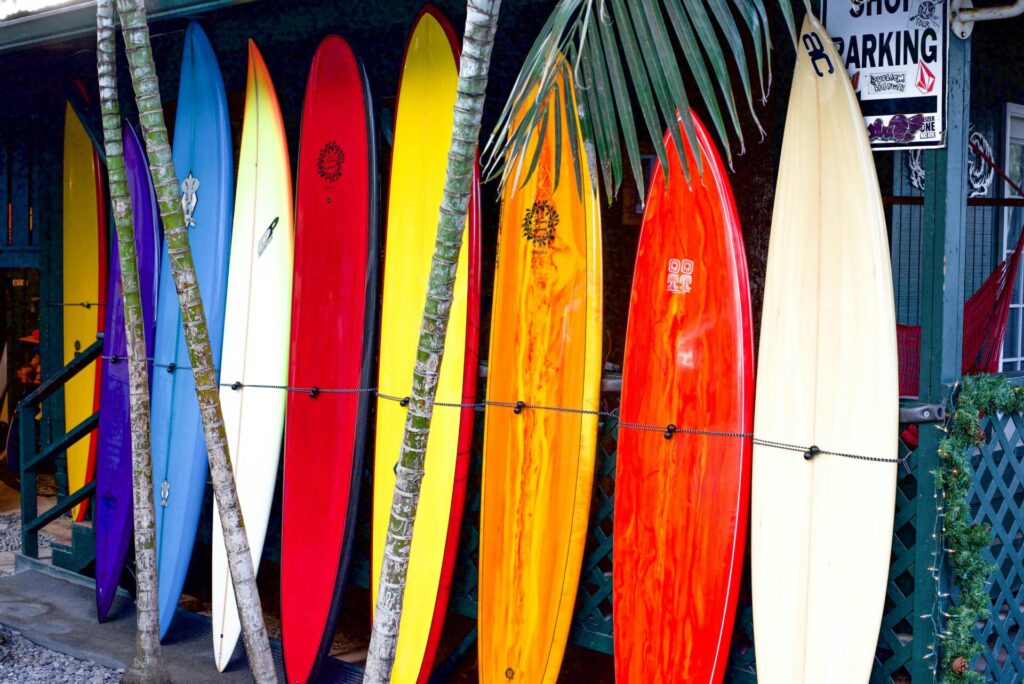 different surfboards in a line