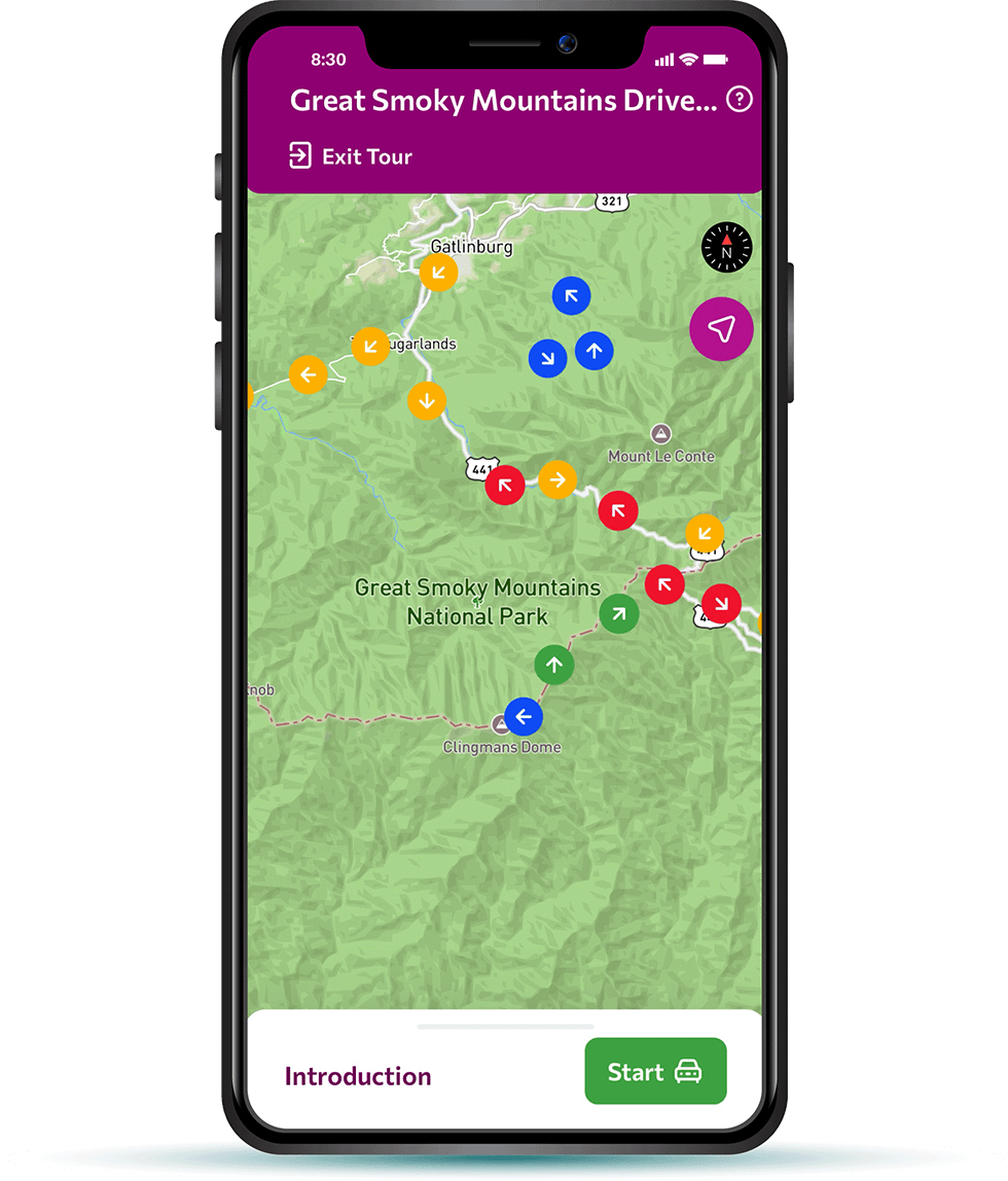 Revealed Travel Guide App showcasing the Great Smoky Mountains National Park in Map Form where you can press Start for a Drive Tour