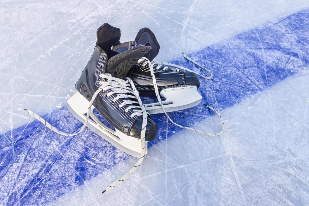 Vegas Golden Knights hockey gear including the skates on the ice floor 